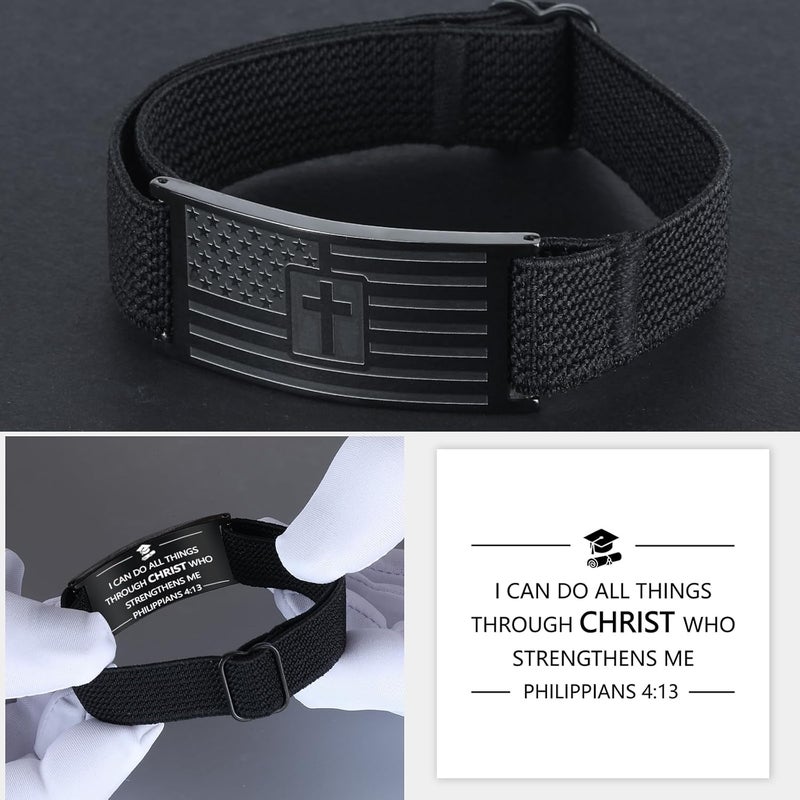 LDOWWGL Valentines Day Gifts - Mens Bracelet - American Flag Christian Cross Bracelet for Boys - Adjustable Black Elastic Stretch Strap with Bible Verse - Gift for Son Grandson - Image 5